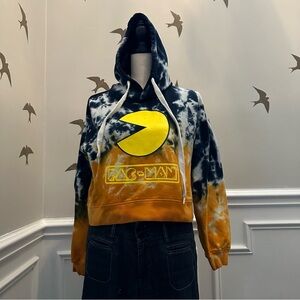 PAC-MAN Retro 80's Pullover Unisex Tie Dye Gamer Hoodie Blue & Gold (Size S)
